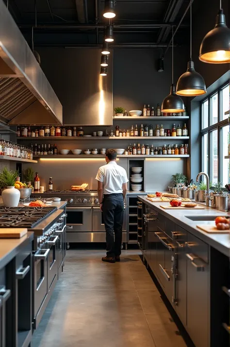 Create an image of an industrial kitchen, for a single person but who has everything they can use in any recipe