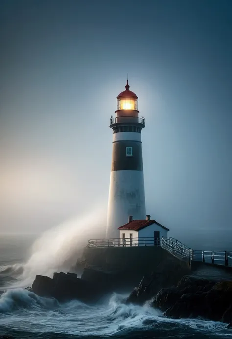 (Mysterious thick Fog), A  lighthouse emits a faint light in the thick fog by the seaside. Capture the trajectory of the lighthouses beam in fog using a slow shutter speed, emphasizing its navigation role in fog. Beautiful cinematic lighting, surreal, RAW ...