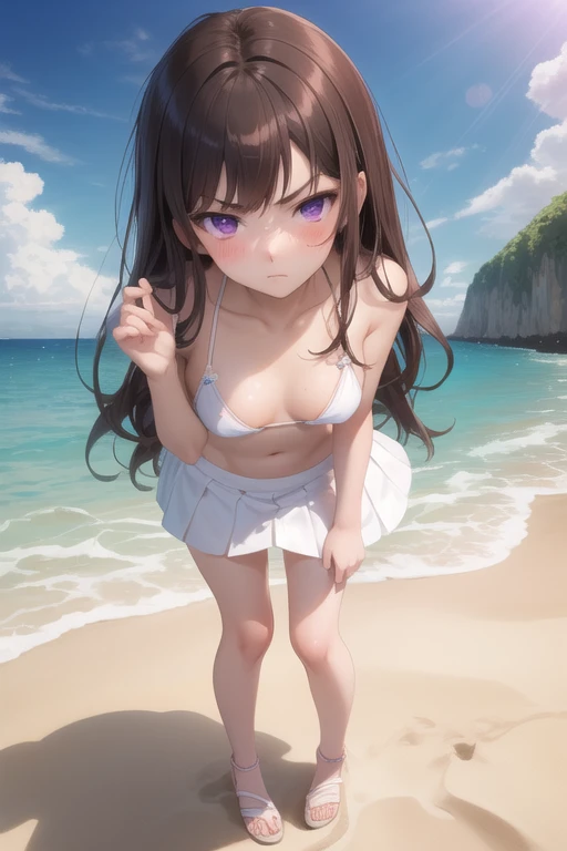 ((best quality)), ((masterpiece)), (detailed), a girl, full body, 19 years old, serious face, young adult, somewhat short stature, purple eyes, brown hair, slightly wavy hair, long hair, bangs, blush, very small breasts, sexy white bikini with skirt, seduc...