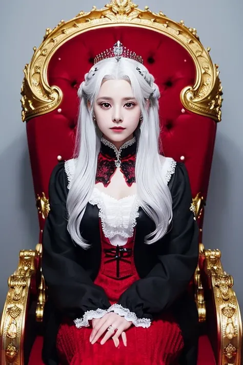 A girl with white hair has a black crown on her head, she wears a red dress/Black is she, she holds a staff, she sits on a throne, make her look like a mature woman 