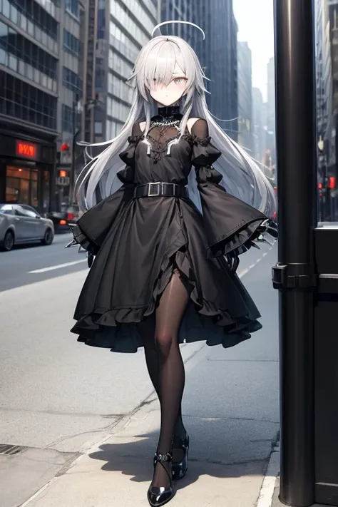 ((best quality)), ((masterpiece)), (detailed), 1 girl, full body, 18 years old, depressed face, pretty face, mask, silver eyes, blushing, silver hair, long hair, spiky hair, ahoge, bangs, strand of hair covering her right eye, full body, very tall, very sm...