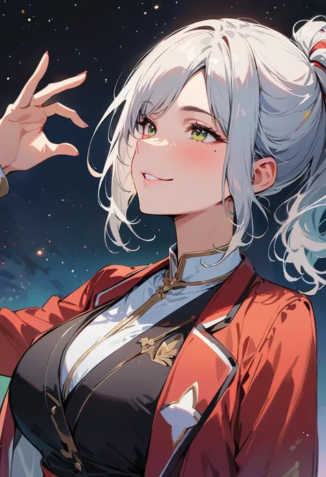 (masterpiece, best quality:1.4), 1 girl, 独奏, Star pupil, Blurred eyes, Close your left eye, Smile, Look up and down, peace gesture, Right tear mole, (Green double ponytail hairstyle:1.2),  Royal sister, large breasts, Vest, Midnight starry sky background.