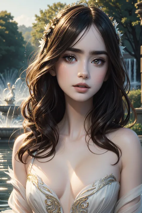 portrait Lily Collins, wearing swan costume, against the background of the fountain, character portrait, 4 3 9 0 s, wavy hair, intricate, elegant, highly detailed, digital painting, artstation, concept art, smooth, sharp focus, illustration, art by wlop, c...