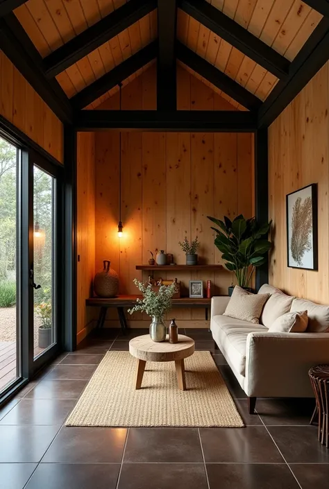 Cabin interior with grooved plywood, dark brown ceramic floor, and black exposed beams