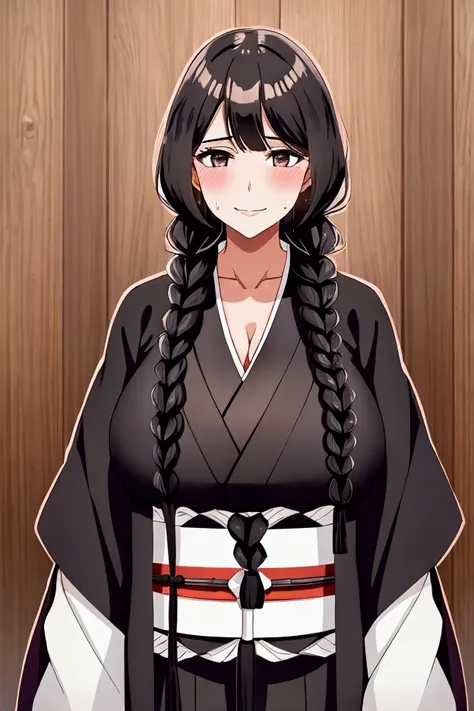 1girl, breasts, solo, black_hair, braid, sweat, long_hair, huge_breasts, cleavage, wooden_wall, sash, smile, japanese_clothes, c...