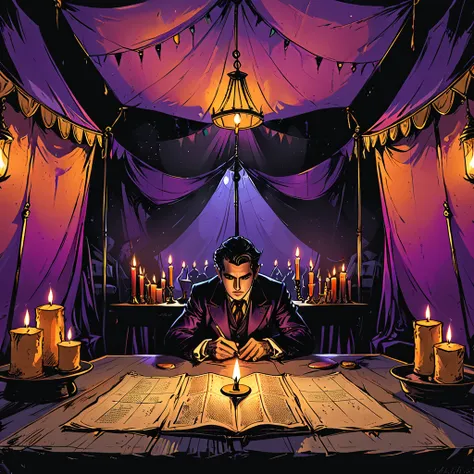 ((close-up candles on the table)), macro, 
circus tent, violet, dark atmosphere, deep shadow, shadow,  furnishings of a magic tent for fortune telling, graphic style of novel comics, perfect hands, 2d, 8k, hyperrealism, masterpiece, high resolution, best q...