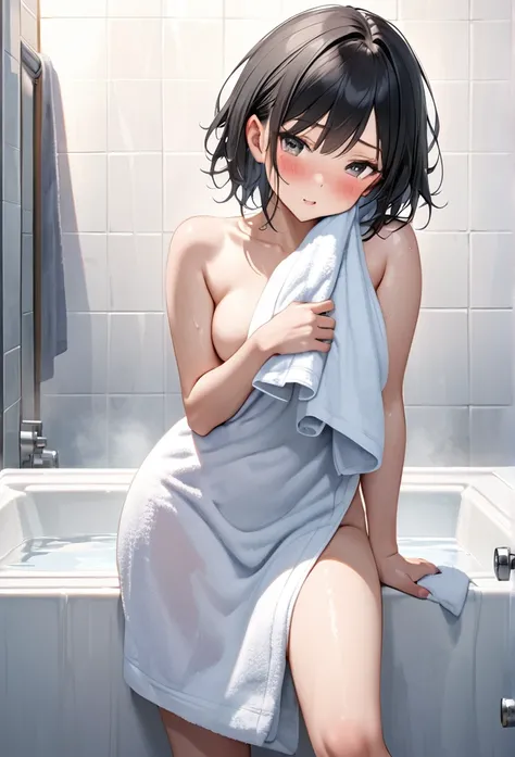 Ultra-realism、chest, solo, Black Hair、model、Shortcuts、Blushing, just out of the bath、bath towel、whole body