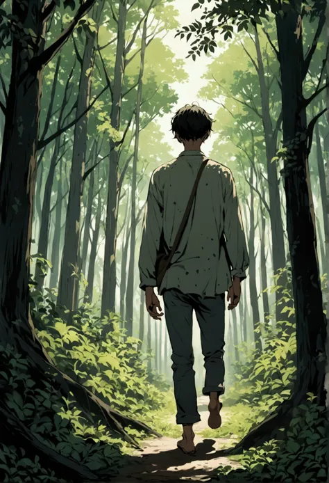 A distressed young man walking alone through a dense forest. His face is marked with frustration and sadness, his clothes are simple, and the surrounding forest is lush but shadowed, reflecting his troubled mind.