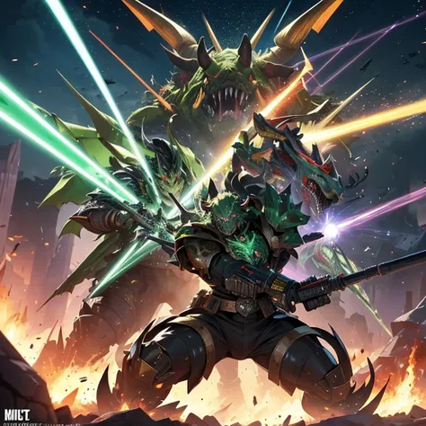 High Resolution, Anime, Character Design, Digital Art, HD, Best Quality, Masterpiece, Super Detailed, high fantasy, chaos, “warhammer 40.000 aesthetic”
{{creature: green praying mantis with iguana head and face((fighting against rhinoceros, with a laser sh...