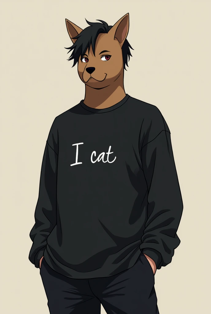 You can create an anime image that has black hair and wears a black shirt that says I cat. It also has black pants and is a man with a brown dog mask.