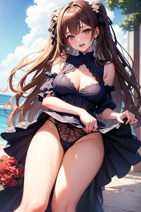 A beautiful girl wearing a navy blue dress posing for a photo, anime girl, in the park, Lolita style dress with ruffles and lace, (flower printed elegant dress skirt), low-cut chest, blue sky and white clouds, windy day, white stockings above the knee, (lo...