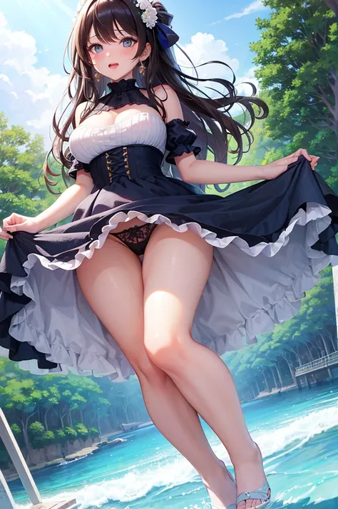 A beautiful girl wearing a navy blue dress posing for a photo, anime girl, in the park, Lolita style dress with ruffles and lace, (flower printed elegant dress skirt), low-cut chest, blue sky and white clouds, windy day, white stockings above the knee, (lo...