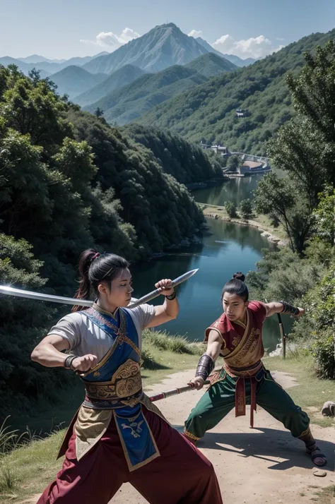 two wushu warriors, fighting with sword and spears, with a chinese palace and forest in the background