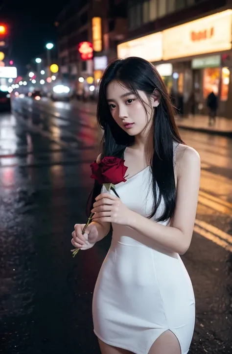 Scene Overview: A beautiful young Thai woman with fair skin and an oval face, aged 20-25, wearing a white sexy dress and holding a red rose
Visual Elements: Streets wet from rain, neon lights reflecting on the pavement
Lighting and Colors: Vibrant yet isol...