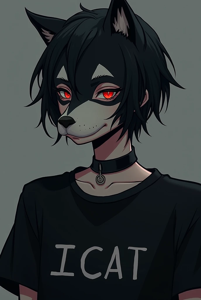 You can create an anime image that has black hair and has a shirt that says I cat and the shirt is black and a black choker and is a man and has a dog mask