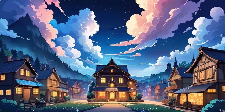 Draw a lofi anime poster style village mécanique dans les nuages, décoration de fée, cascade lumière, dans les nuage, nuages,  la nuit, belle palette de couleurs bleu noir, couleurs saturées vibrantes, oeuvre dart, Aucun humain, thème étoilée foncé