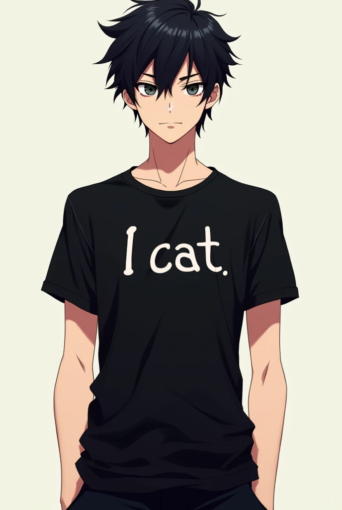 Can you create an anime image with black hair, wearing a black shirt that says I cat, black pants, and hes a man. 