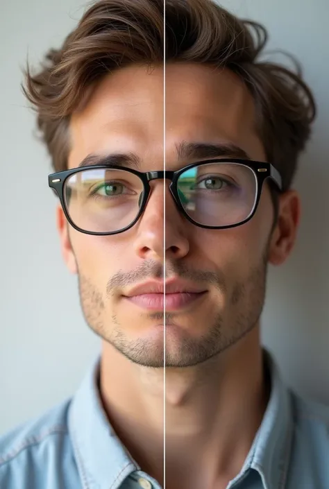 Image divided into two parts: The left side shows a person wearing glasses with reflections, while the right side shows the same person wearing anti-reflective glasses..
 The image should be attractive, clear and easy to understand to convey the benefits o...