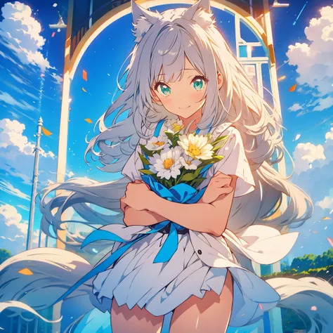 kawaii, anime, Cute, hyper quality, highly detailed, 8k, Clarity, Draw facial expressions in detail, A young girl with long pale silver hair and lapis lazuli eyes., Girl with long dark brown hair and green eyes, highlight on eyes, smile, bouquet, cat ears,...