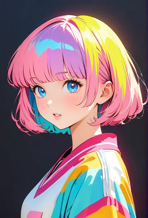 (Highest quality:1.2, City Pop Style, Very detailed, up to date, Vibrant, High Contrast, masterpiece:1.2, Highest quality, Best aesthetics), , ((Face Up Shot:1.4)), Colorful Hair, Bobcut, pastel colour, 1980s style, ((Retro, Vintage, Plain background))