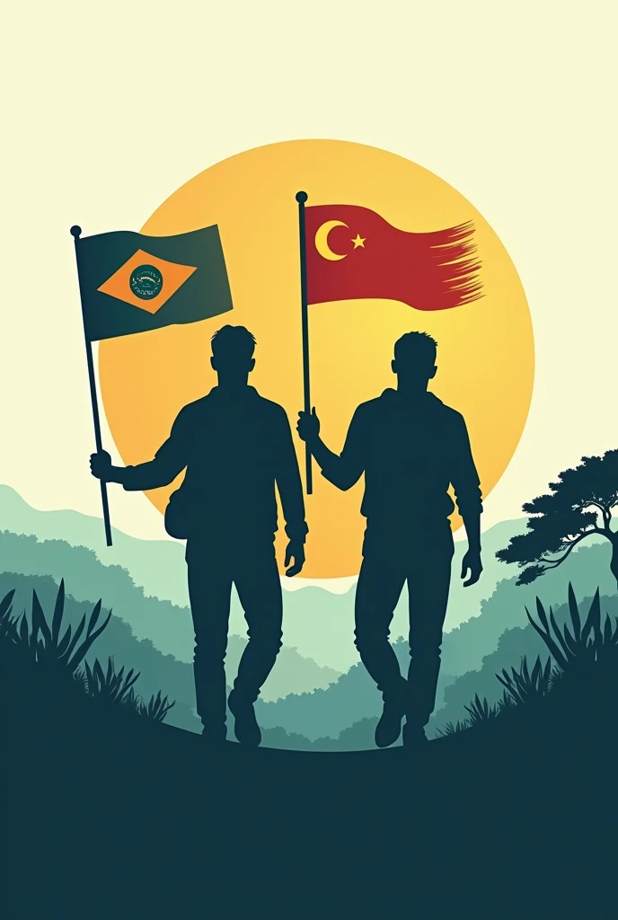 Logo reflecting a travel project walking through South America 2 men silhouette with flags 