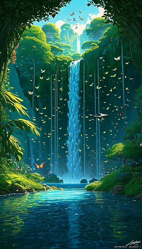 photorealistic scene of a nature wallpaper in 4K quality, in the style of digital illustration inspired by Satoshi Kon, depicting a dreamlike garden with floating islands, waterfalls cascading down, and glowing butterflies, ULTRA Style Kilian Eng and Thoma...