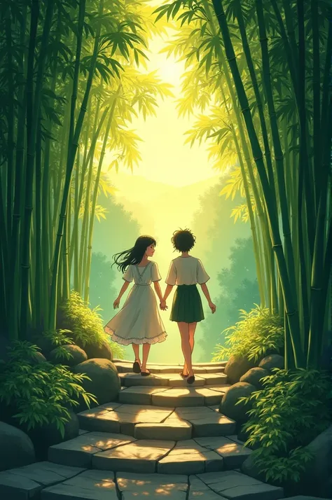 The sunbeams pierced through the emerald bamboo canopy, illuminating the winding stone steps. Two figures, hand in hand, ascended, their laughter echoing amidst the rustling leaves. A promise of discovery lay ahead, where the path met the golden horizon