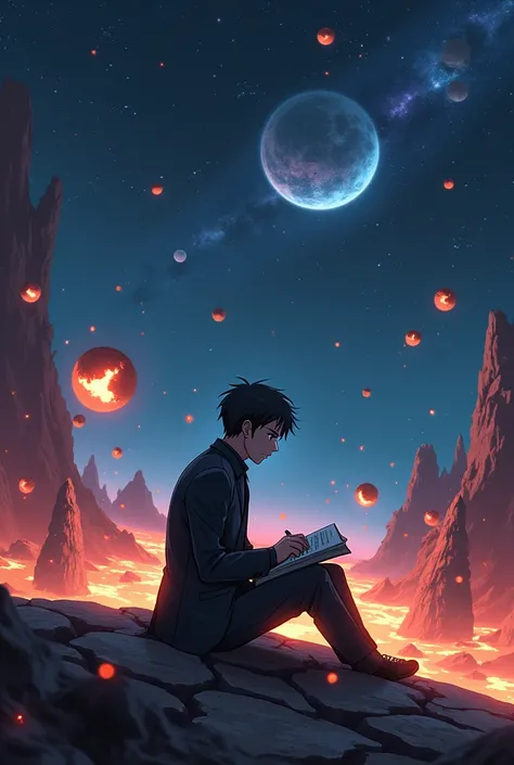 Draw anime naruto, sitting on a research platform floating in the middle of an asteroid belt. He is studying with a notebook, surrounded by several asteroids glowing with fiery auras. Dramatic lighting from distant stars and planets illuminates the scene, ...