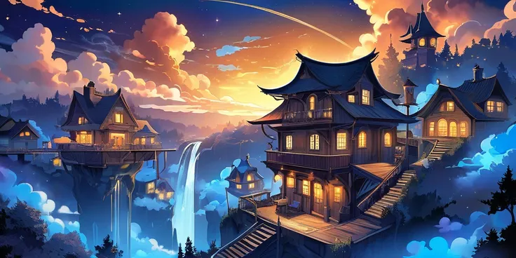 Draw a lofi anime poster style village Steam punk dans les nuages, décoration de fée, cascade lumière, dans les nuage, nuages, la nuit, belle palette de couleurs bleu noir, couleurs saturées vibrantes, œuvre dart, Aucun humain, thème étoilée foncé