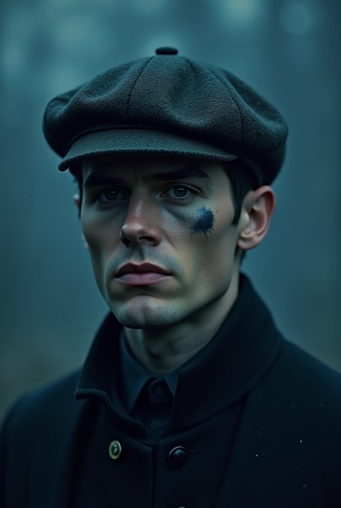 Créé moi une image montrant Thomas Shelby avec sa casquette plate britannique traditionnelle, un font bleu et une trace de peinture cachant ses yeux 