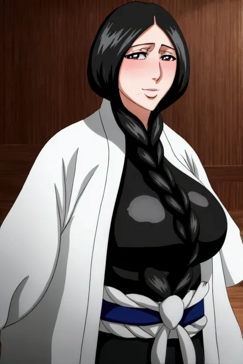 1girl, unohana(Bleach), sweat, breasts, solo, black_hair, braid, sweat, long_hair, round_huge_breasts, cleavage, wooden_wall, sash, smile, japanese_clothes, collarbone, parted_bangs, transparent_kimono, nipples, blush, looking_at_viewer, upper_body, very_l...