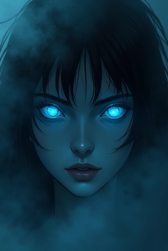 fantasy comic art ((a female vampires pair of glowing blue eyes shines)) close up picture, (((the fog hides the face))), you see only the glowing eyes , you see only the pair of eyes, fantasy dark alley background, the fog fills the alley, you see only the...