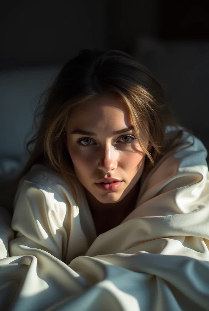 Young European woman with fair skin, lying on a bed, wrapped in silk sheets, only your face showing, with a deep and mysterious look that invites curiosity.