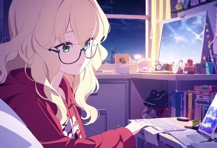 1girl, solo, girl bedroom, pc, night sky, window, yellow hair, wavy hair, glasses, green eyes,  blonde hair, red hoodie, 