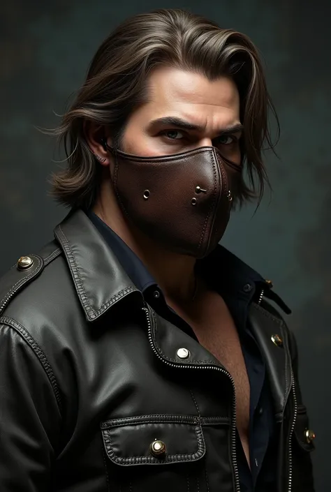 25 year old boy, with a robust and somewhat overweight physique, neck-length hair, with a classic rocker style sporting a Hannibal Lecter-style muzzle