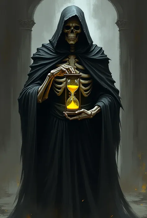 4k Alex Maleev creation. Grim Reaper holding an hourglass. his chest exposed. gothic backround. , dark, moody, broad brush strokes, shades of black with yellow accent, digital painting, minimalist