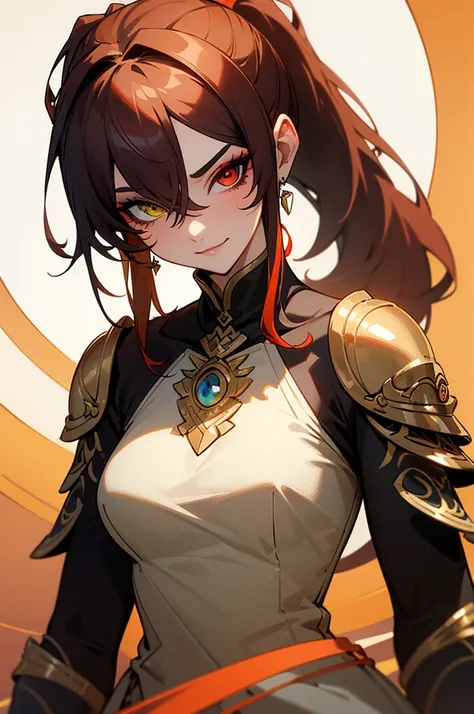 masterpiece,best quality,extremely detailed CG,ultra-detailed,beautiful detailed eyes,1woman,dragon woman,smirk,eyeshadow,face tatoo,sexy make up,tan skin,multicolored hair,heterochromia,yellow eye,dark red eye,dress armor,medium hair,ponytail,eyes visible...