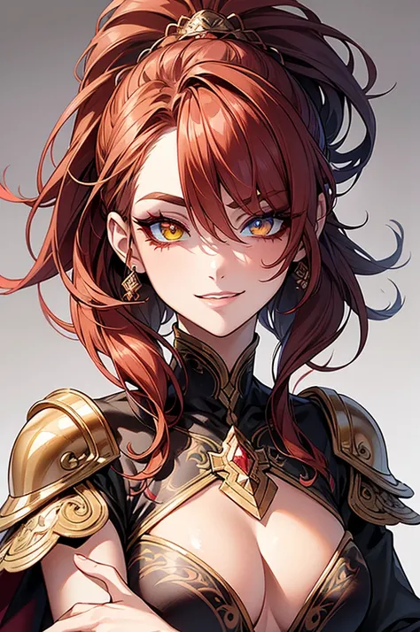 masterpiece,best quality,extremely detailed CG,ultra-detailed,beautiful detailed eyes,1woman,dragon woman,smirk,eyeshadow,face tatoo,sexy make up,tan skin,multicolored hair,heterochromia,yellow eye,dark red eye,dress armor,medium hair,ponytail,eyes visible...