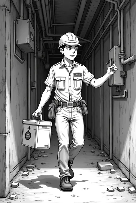 animated electrician on call in black and white like a drawing 