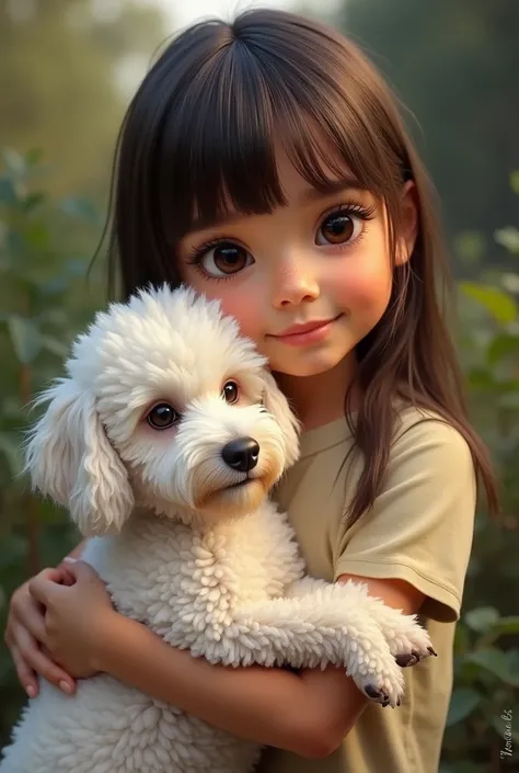 (photo realist:1.2),  Brazilian woman approximately 10 years old, straight brown hair with bangs, Eye Brown grande e puxado, dimple on the cheek, button nose, thin upper lip and normal lower lip. Holding white poodle dog, with curly hair, Eye Brown. real p...