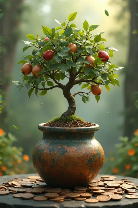 Coin jar with a tree growing out of it, and its fruits are money