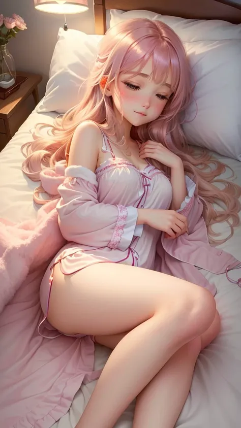  A cute young girl is lying on a cozy bed in a peaceful bedroom. She has long, flowing hair and wears a soft, pastel-colored pajama set. The bed is covered with fluffy pillows and a warm, inviting blanket. The girl looks relaxed and comfortable, her eyes g...