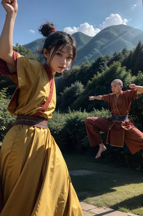 two wushu monks, fighting with glamorous kung fu pose, with a chinese palace and forest in the background