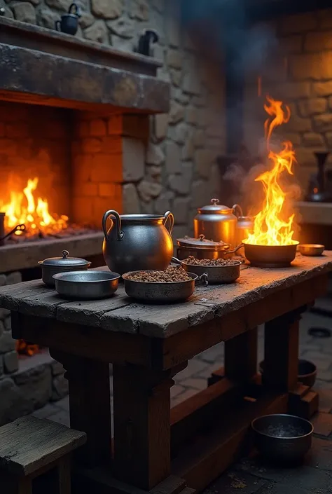 Medieval kitchen with pots catching fire, no people., focus only on the table

