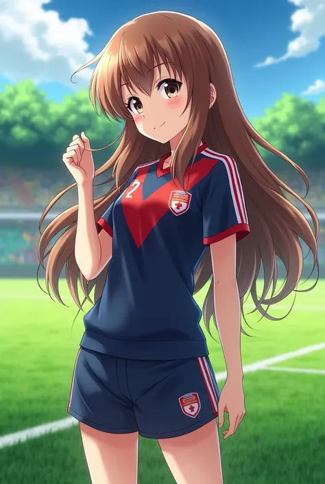 Fais apparaître une image inspiré de inazuma eleven dune fille aux cheveux longs de couleur marron à la peau blanche qui porte la tenue de football de Raimon