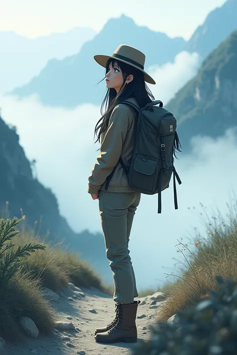 masterpiece,HDR,illustration,Anime,bokeh,1 girl,black hair,big breasts,earring,jacket,long pants,safari hat,backpack,Shes facing forward,She looks up,White thick fog,The whole area is covered with white fog,mountain trail