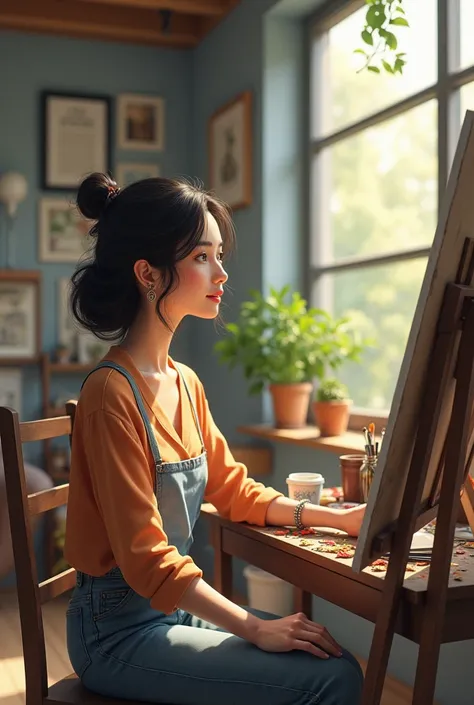 (Mousumi sitting in her spacious, modern studio, looking contemplative as she gazes at her art and success.
She decided to create a special series of paintings dedicated to her friends.