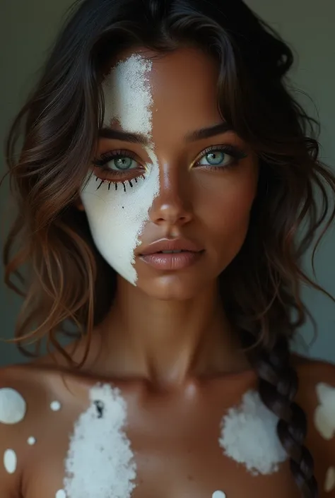 a young adult woman who is a bit of a joker and calm at the same time, with a dark appearance with pale spots of vitiligo running through her body from head to toe, half of her left face separated by a large spot of a pale color from the vitiligo also affe...