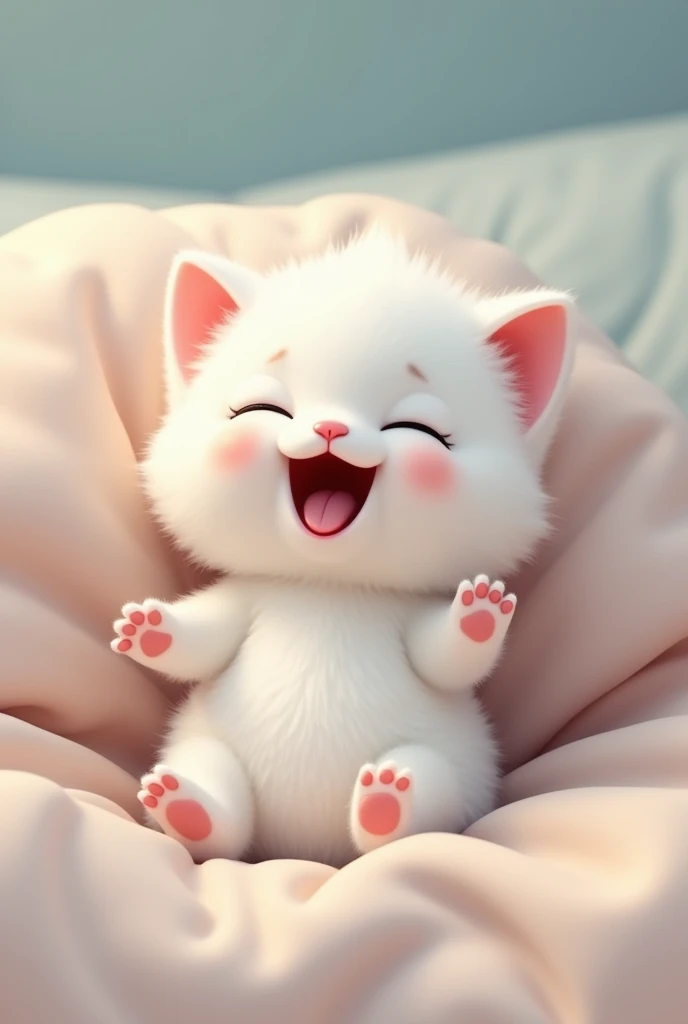 I want you to make a small white kitten lying on a bed waking up very happy.
styled: Kawai fofo