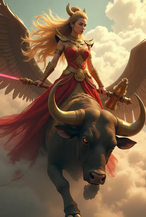 A Thai female warrior with long golden hair, red and gold armor, an ancient golden cannon with a rainbow-colored light at the end of the barrel, standing on a bull with red bird wings, flying in the sky.